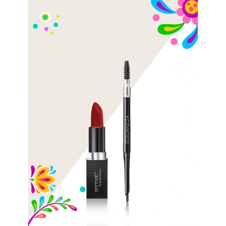 Labial Semimate con Vitamina E Rojo Tulipán + Lápiz Delineador para Cejas